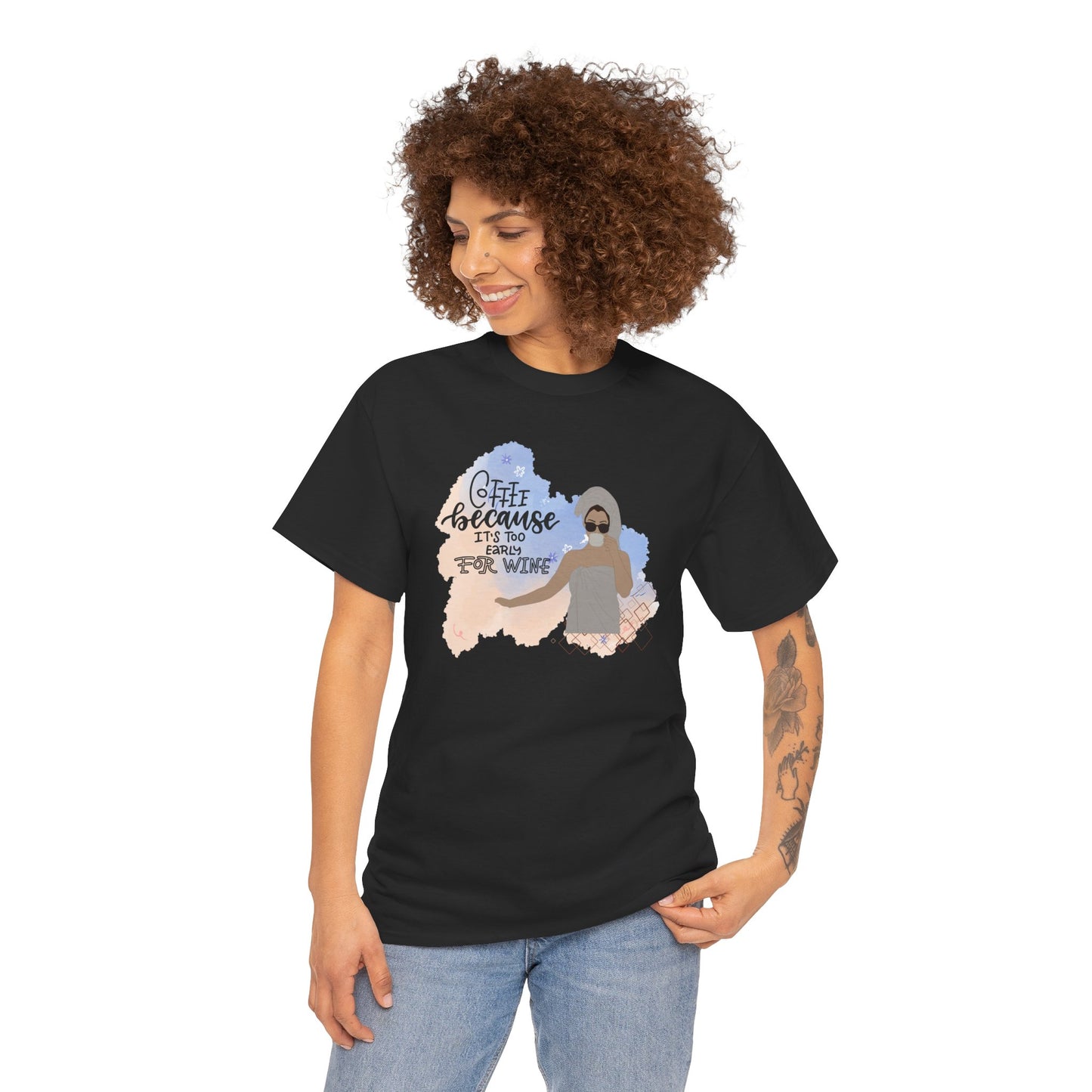 Coffee Because It's Too Early for Wine T-Shirt — Woman in Bathrobe Coffee Tee