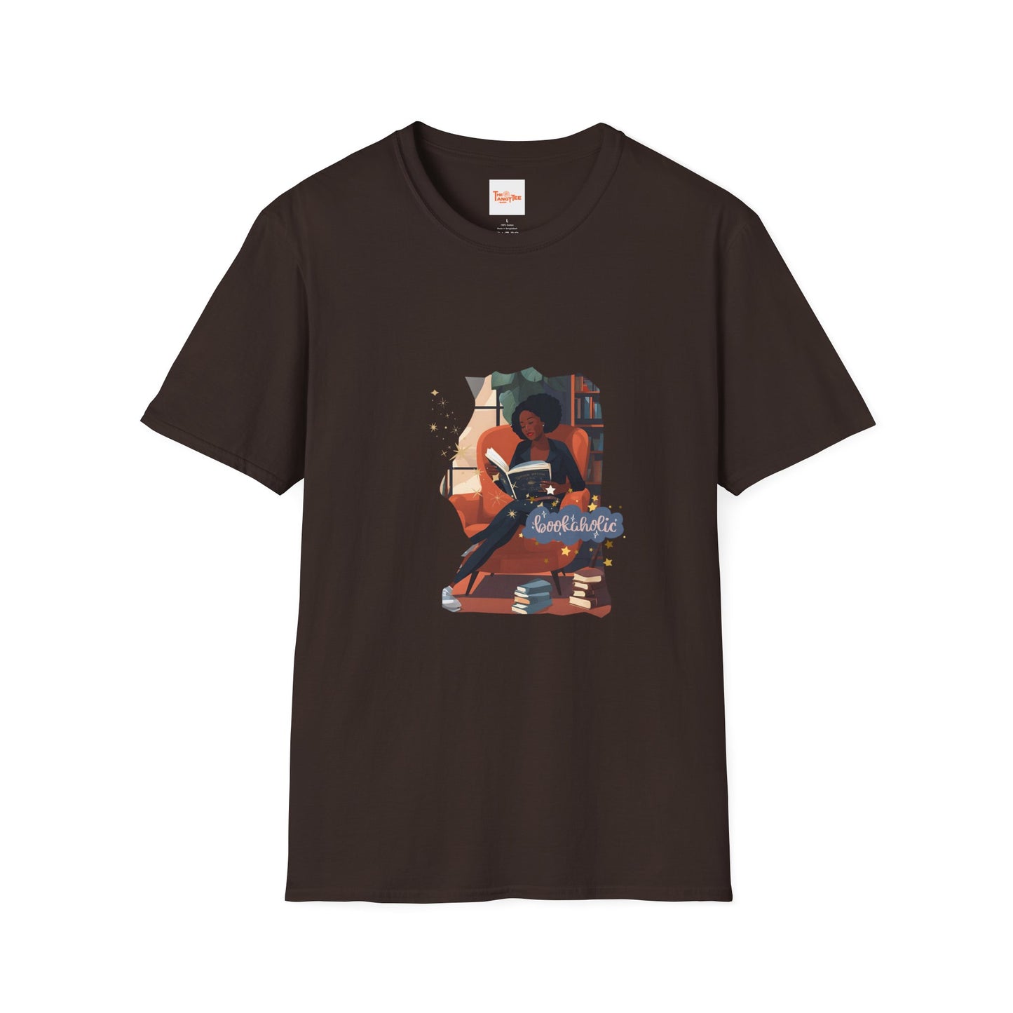 Bookaholic Unisex T-Shirt - Woman Reading in Chair Graphic