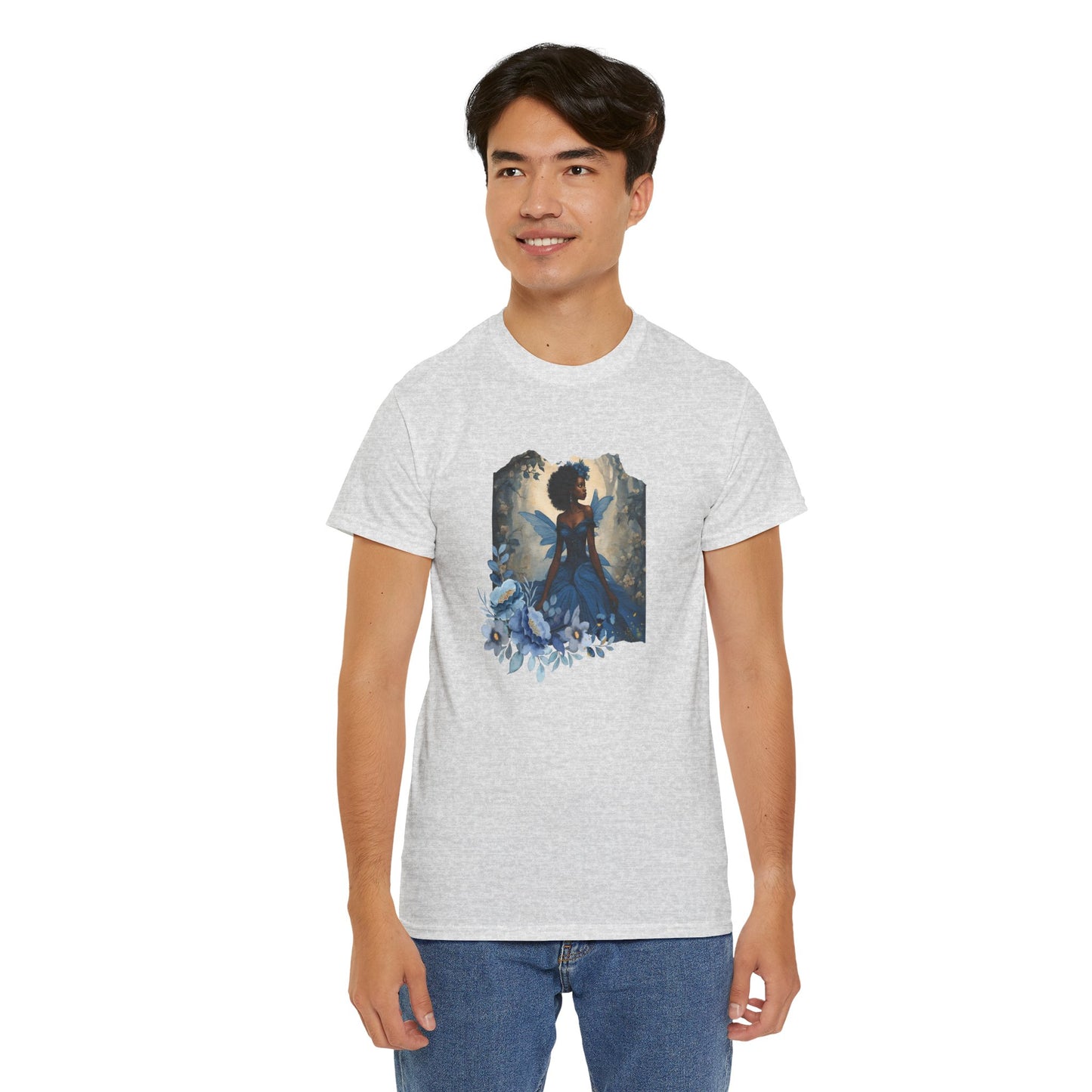 Black Fairy Graphic Tee — Blue Dress & Blue Flowers