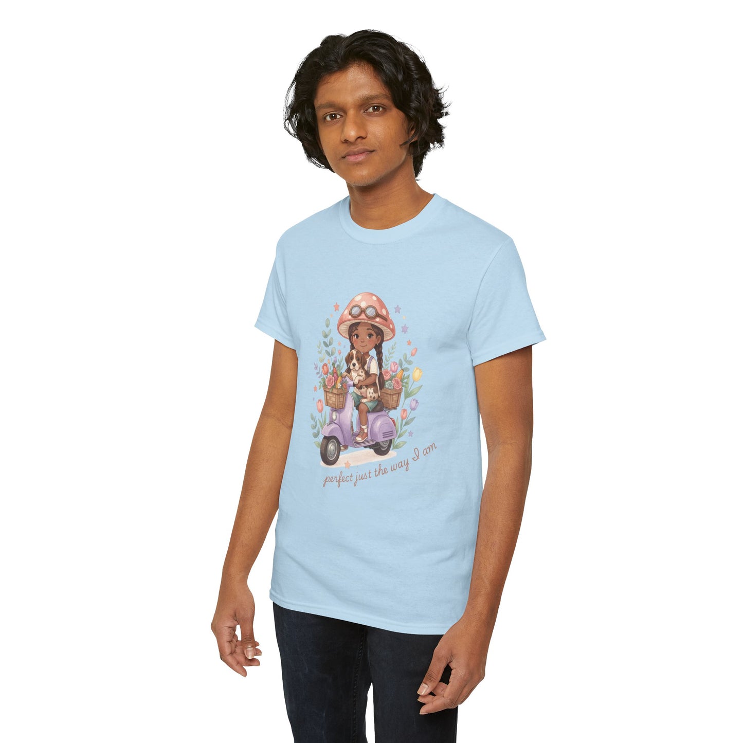 Perfect Just The Way I Am Tee — African American Girl on Scooter Floral Graphic