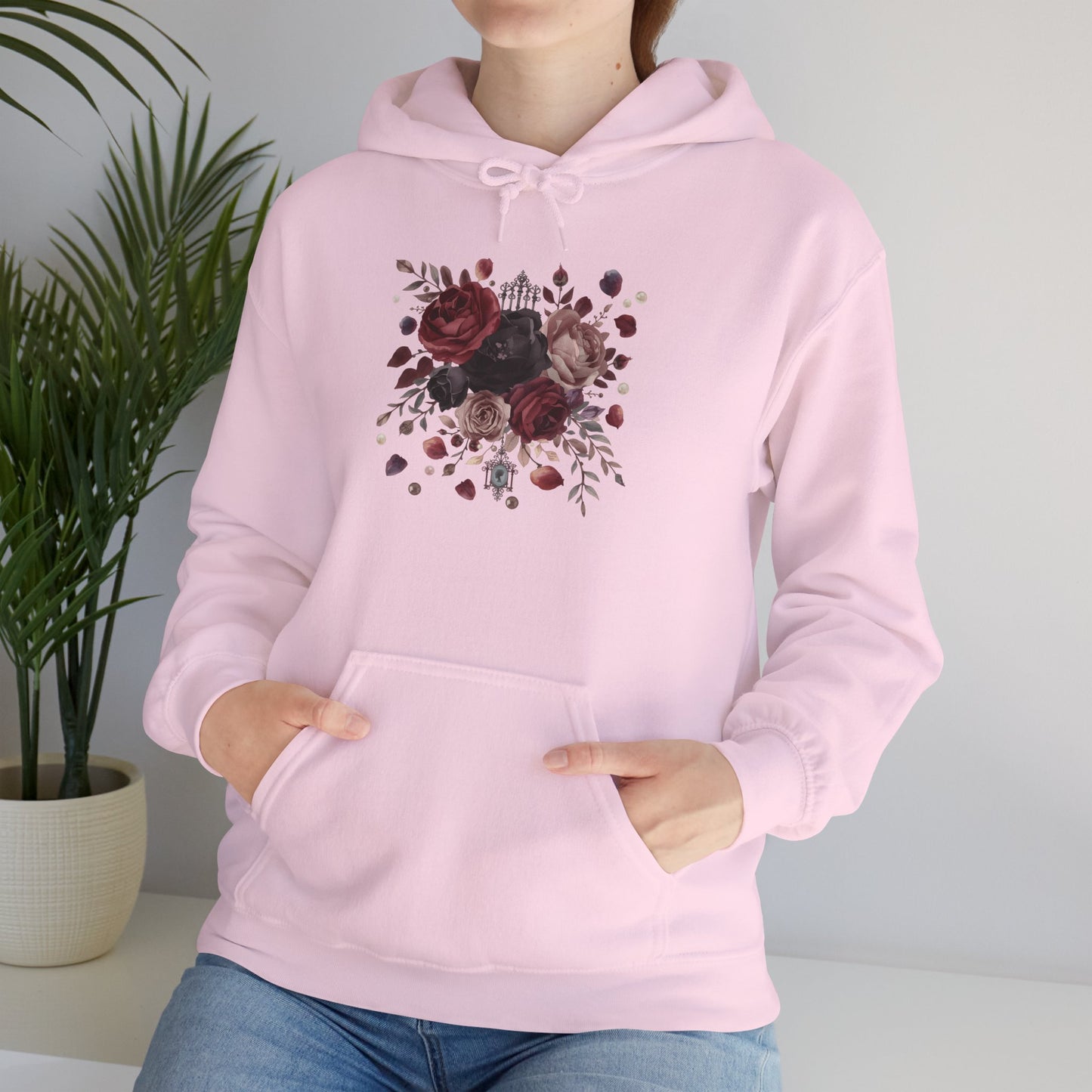 Gothic Floral Cameo Hoodie — Black Woman Silhouette with Pearls