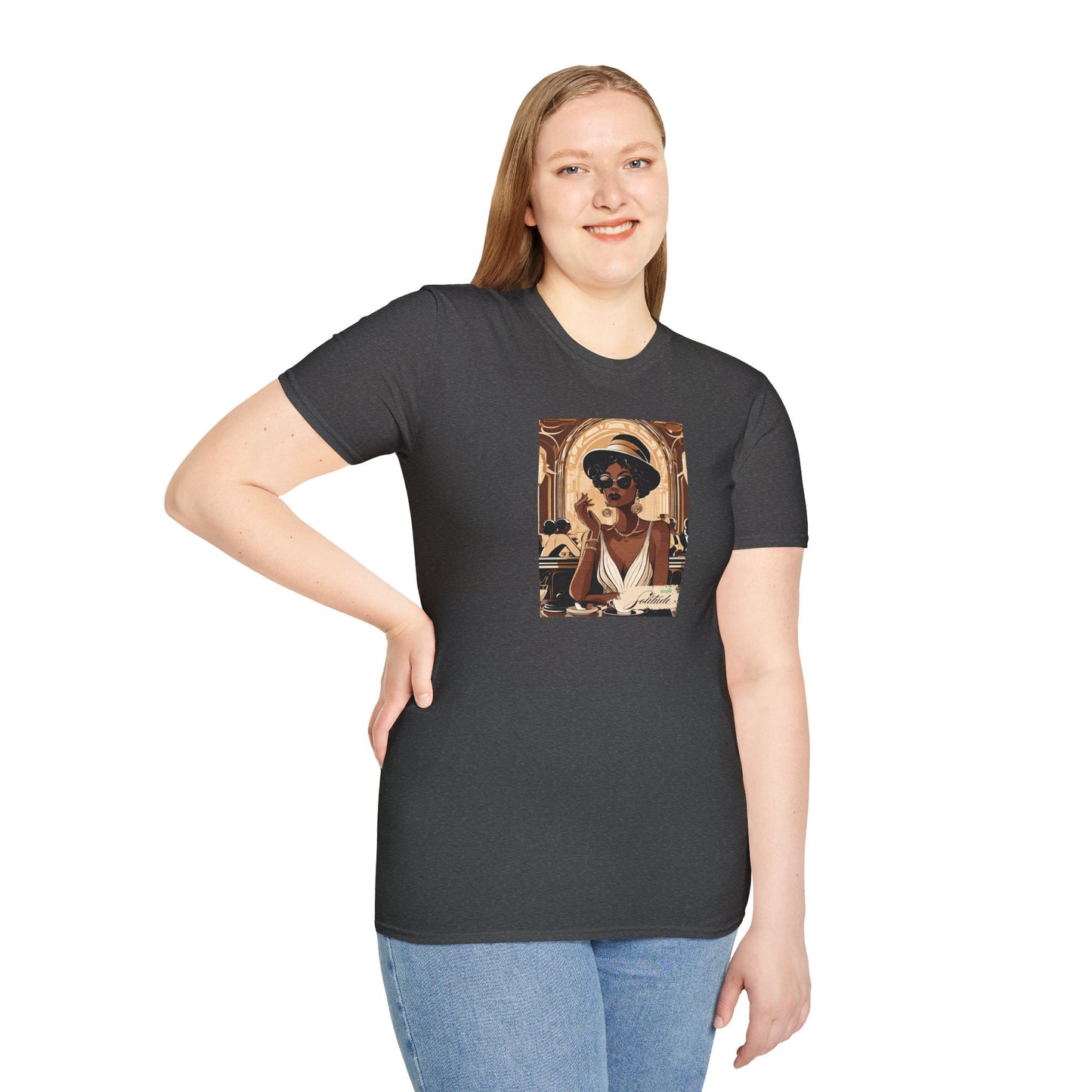 Art Deco Cafe Portrait T-Shirt — "Simple Solitude" Black Woman Graphic