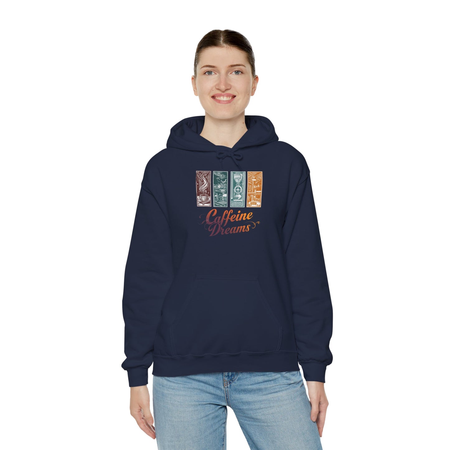 Caffeine Dreams Hoodie — Four-Panel Coffee Graphic