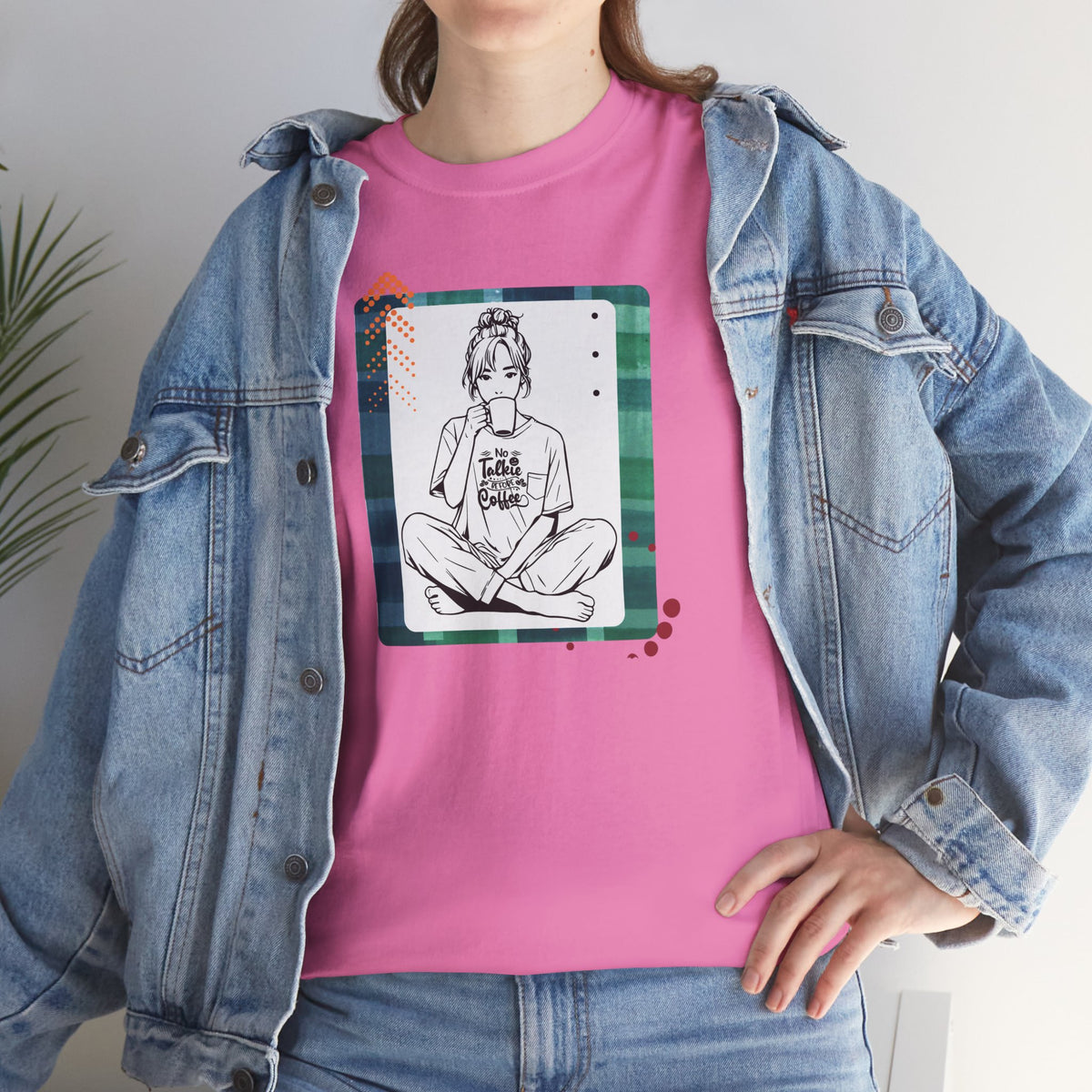No Talkie Without Coffee T-Shirt — Woman Sitting with Coffee Graphic