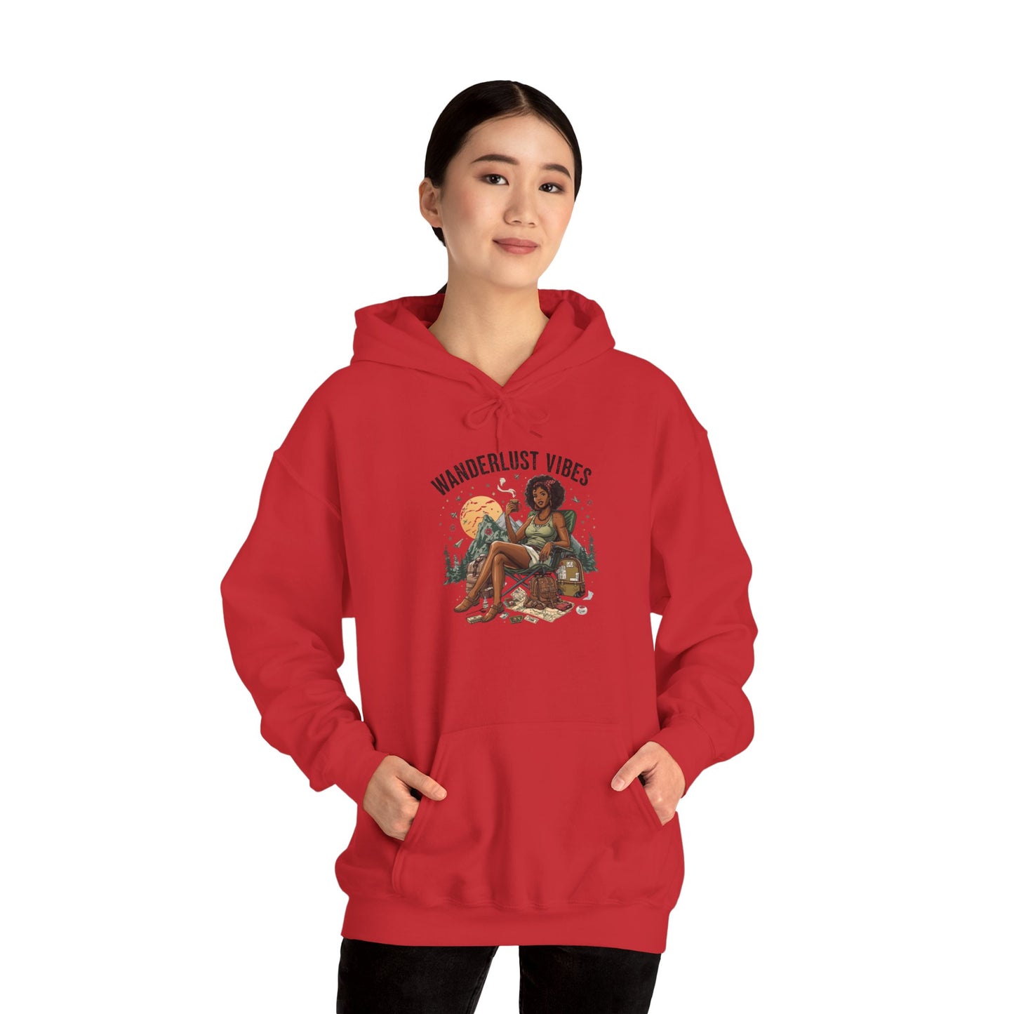 Wanderlust Vibes Hoodie — African American Woman Mountain Travel Graphic
