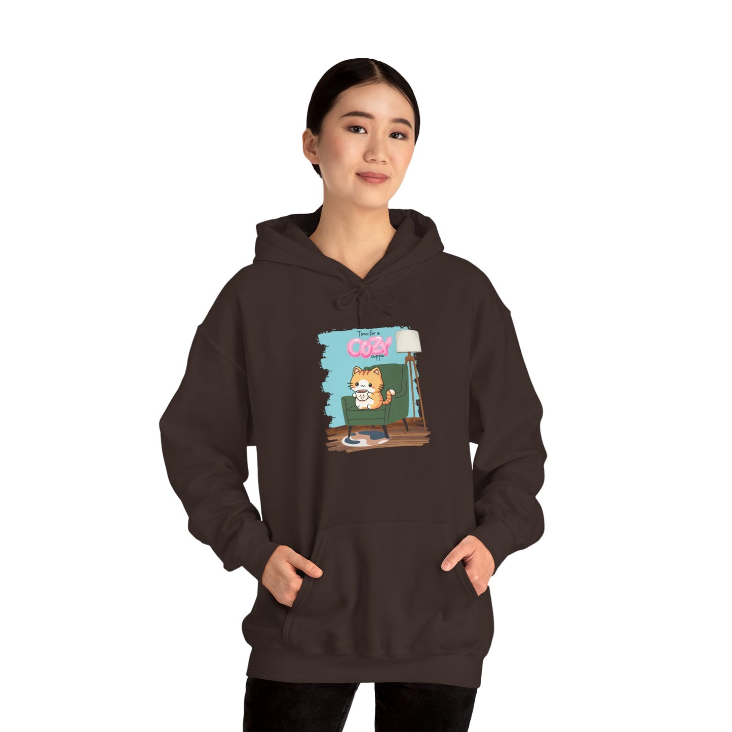 Cozy Cuppa Cat Hoodie — Animated Cat in Recliner with Coffee