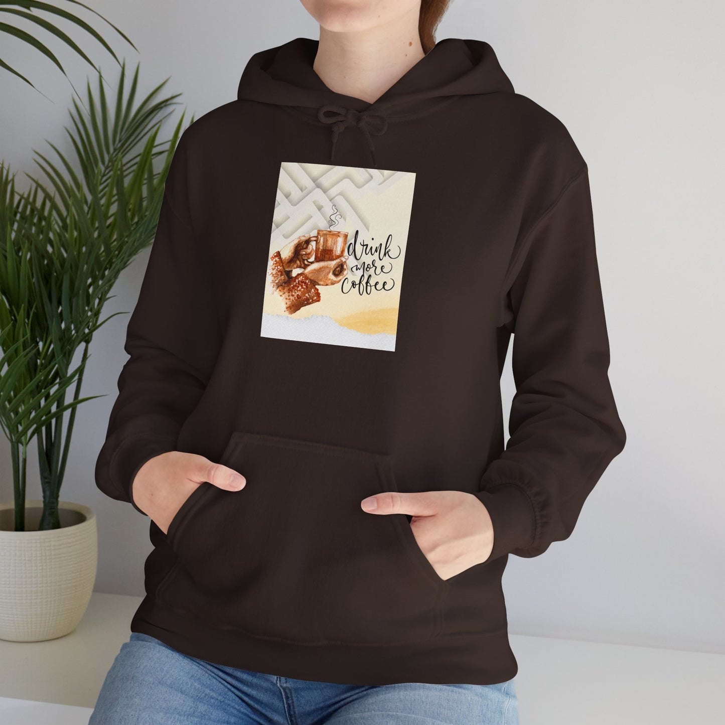Drink More Coffee Hoodie — Hand Holding Coffee Cup Graphic Sweatshirt