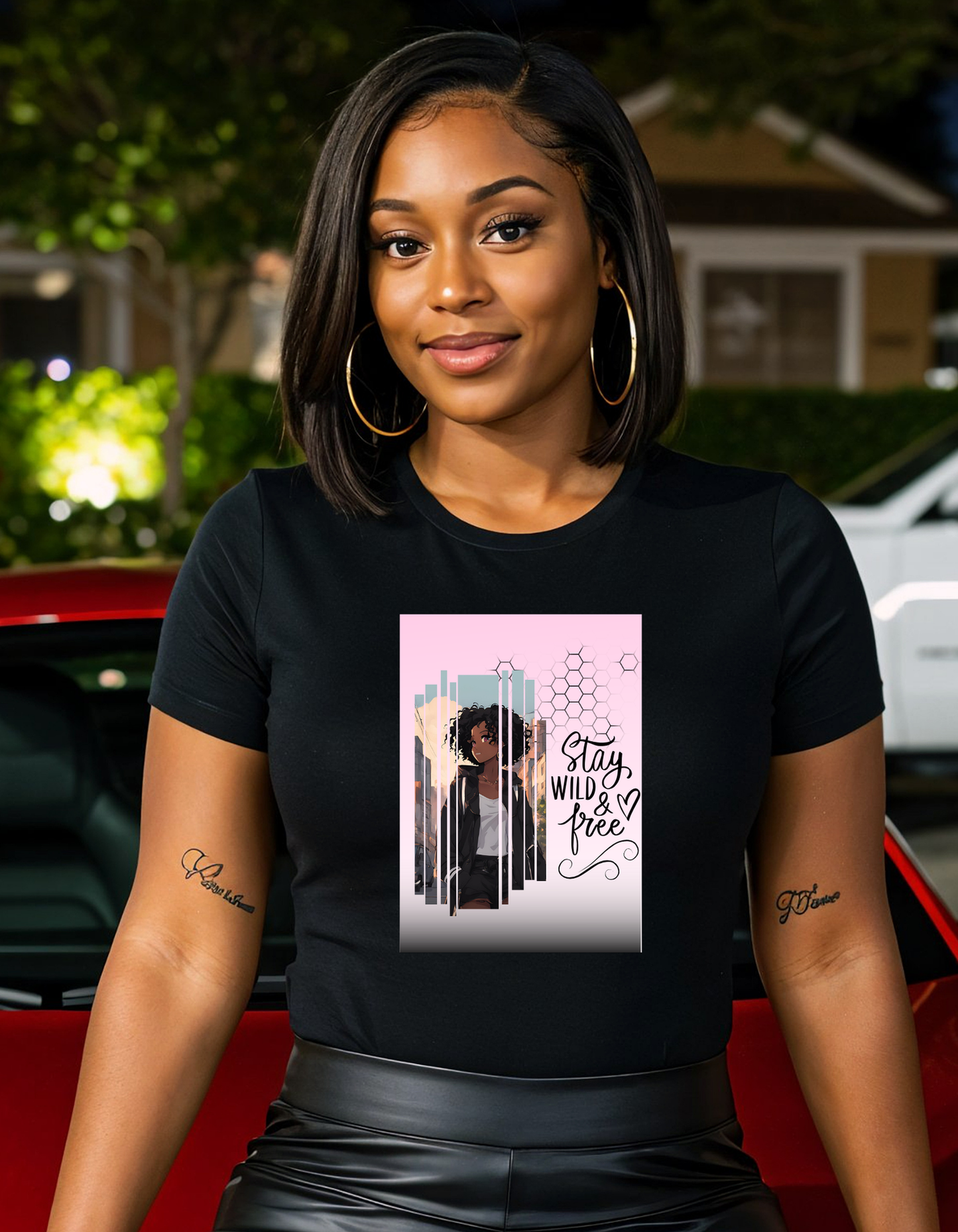 Stay Wild and Free Black Anime Girl City Graphic Tee