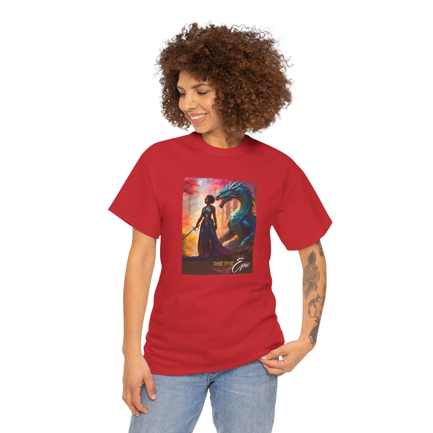 Warrior T-Shirt - Dare to be Epic, Black Woman with Dragon, Fantasy T-Shirt