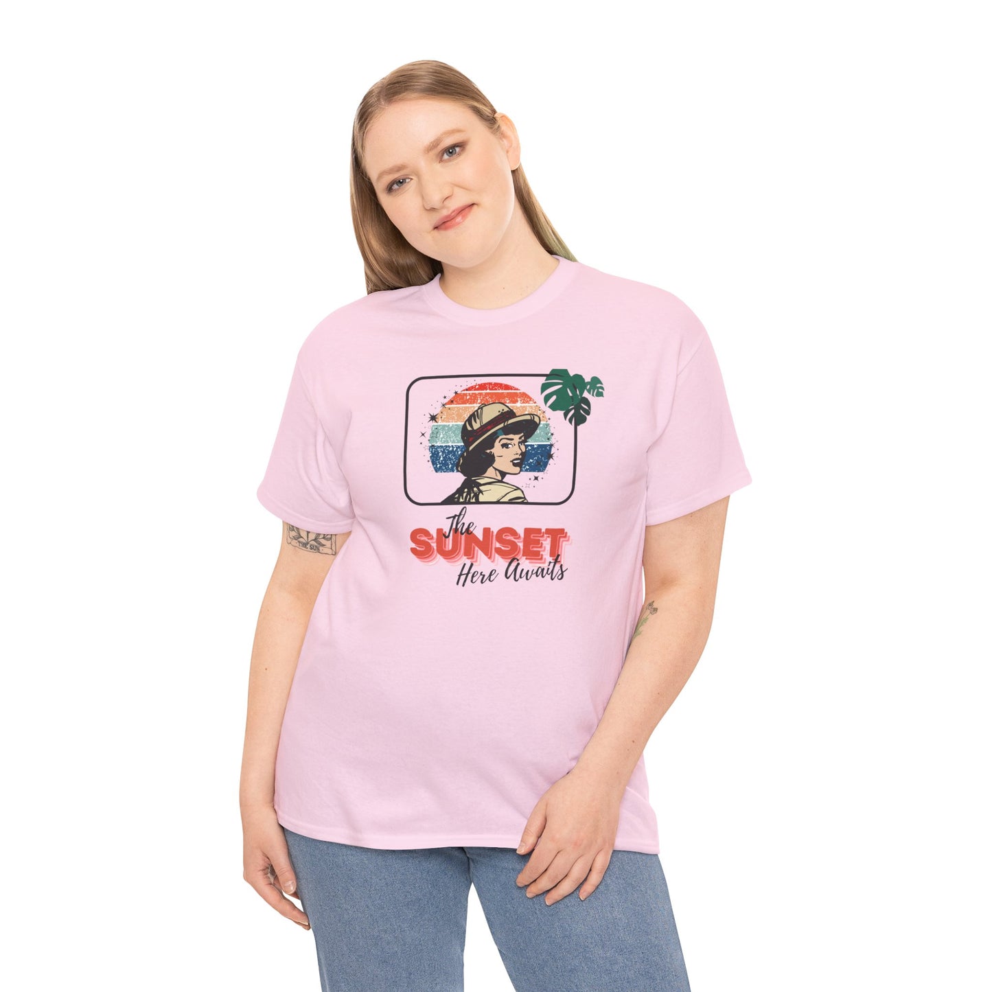 Sunset Awaits Graphic Tee — Woman in Pith Helmet Sunset Design
