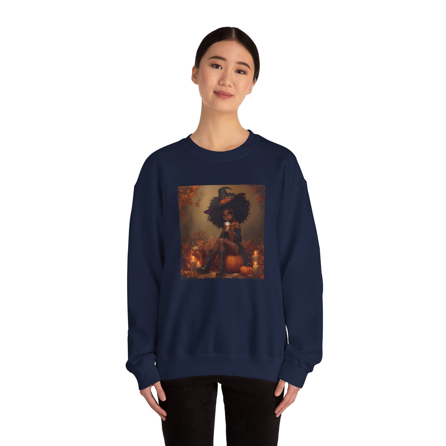 Black Witch Pumpkin Spice Latte Sweatshirt, Halloween Crewneck Jumper
