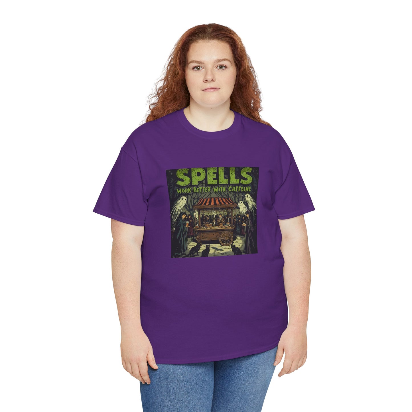 T-Shirt Spells Work Better with Caffeine Gothic Witches Animals Tee