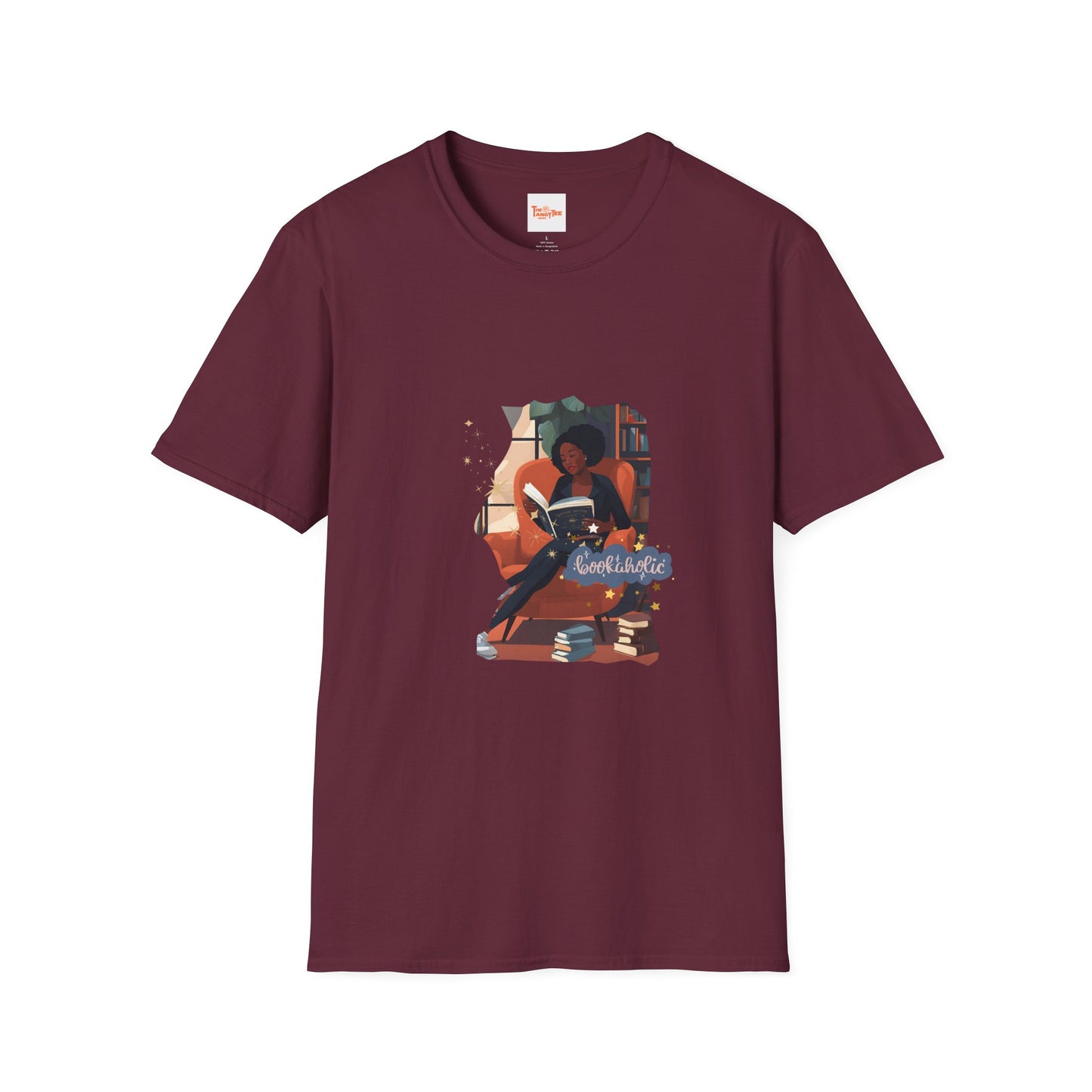 Bookaholic Unisex T-Shirt - Woman Reading in Chair Graphic