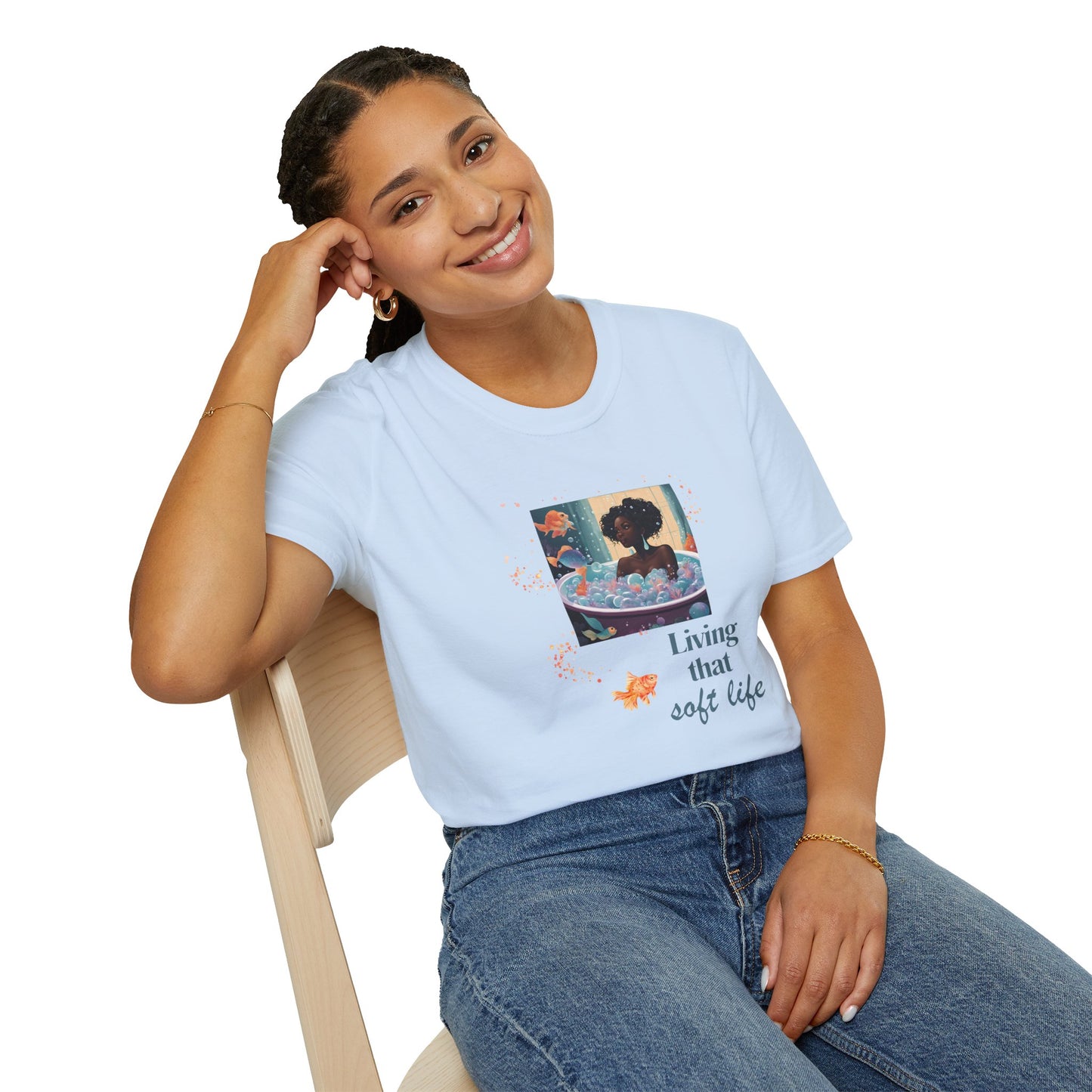 Soft Life Graphic Unisex T-Shirt - Black Woman in Bath with Goldfish and Bubbles