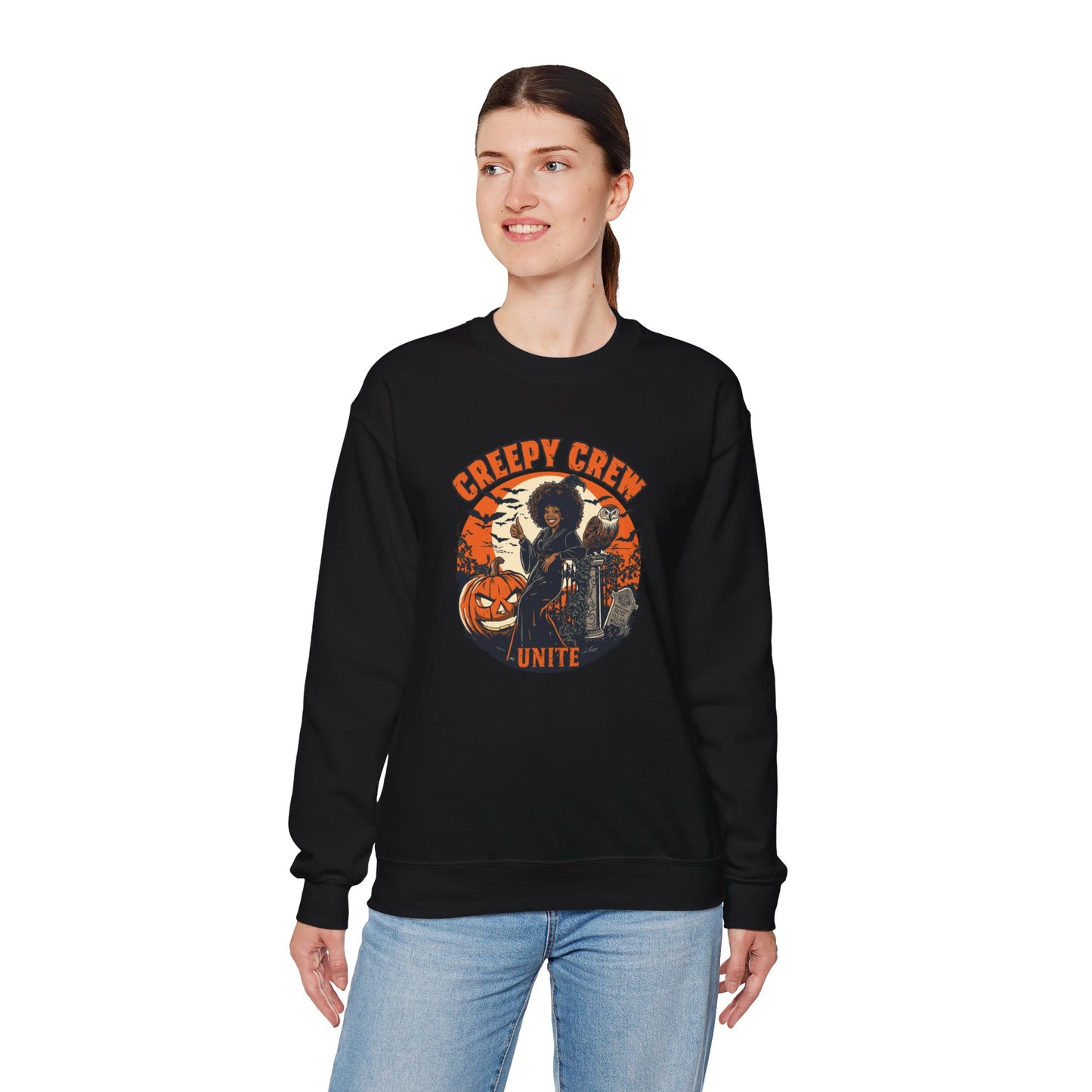 Creepy Crew Unite Witch Sweatshirt — African American Witch Pumpkin Graveyard