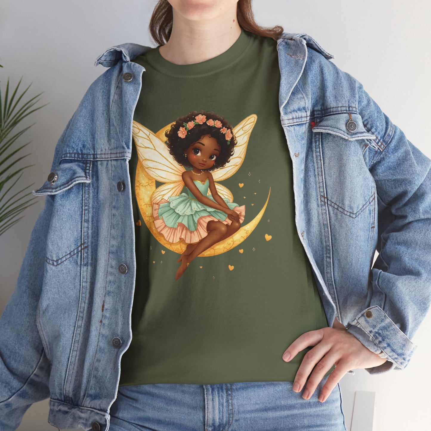 African American Fairy on Crescent Moon T-Shirt — Pink & Mint Fantasy Tee