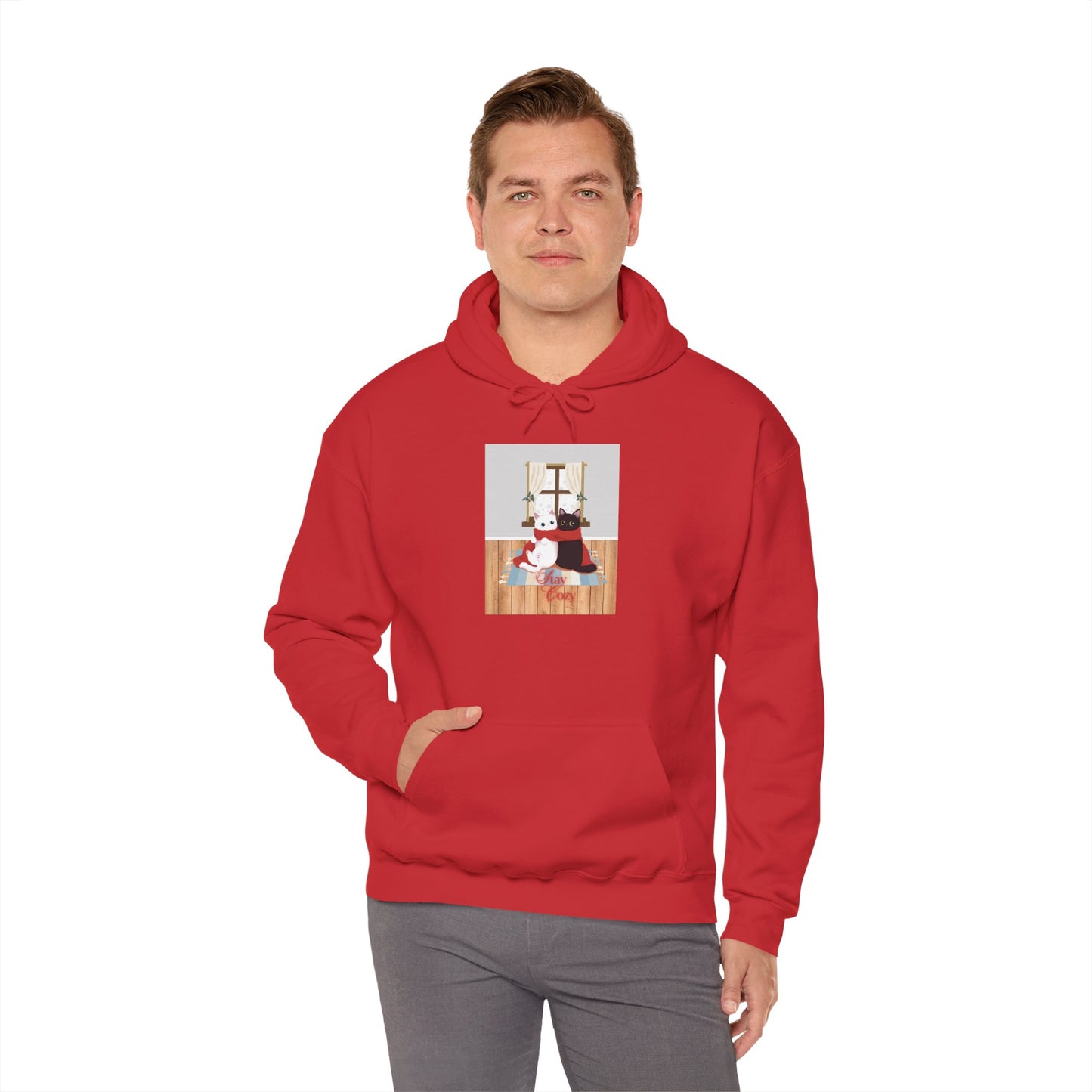 Stay Cozy Cats Hoodie — Cuddling Cats in Snowy Window Sweatshirt