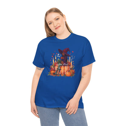 Witchy Pumpkin Patch Tee — "Coffee First, Mischief Later" Black Witch Latte Graphic