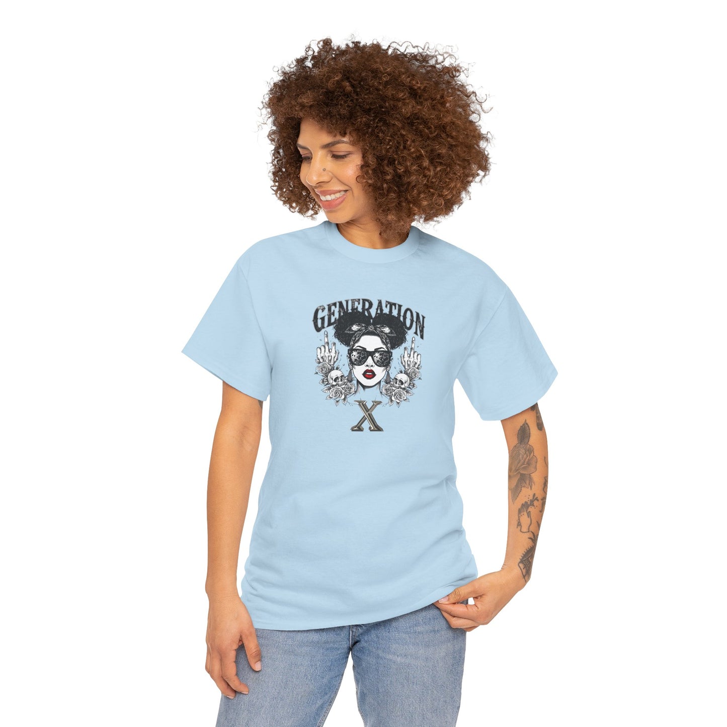 Generation X Black Woman Graphic Tee — Skeletal Hands & Middle Fingers
