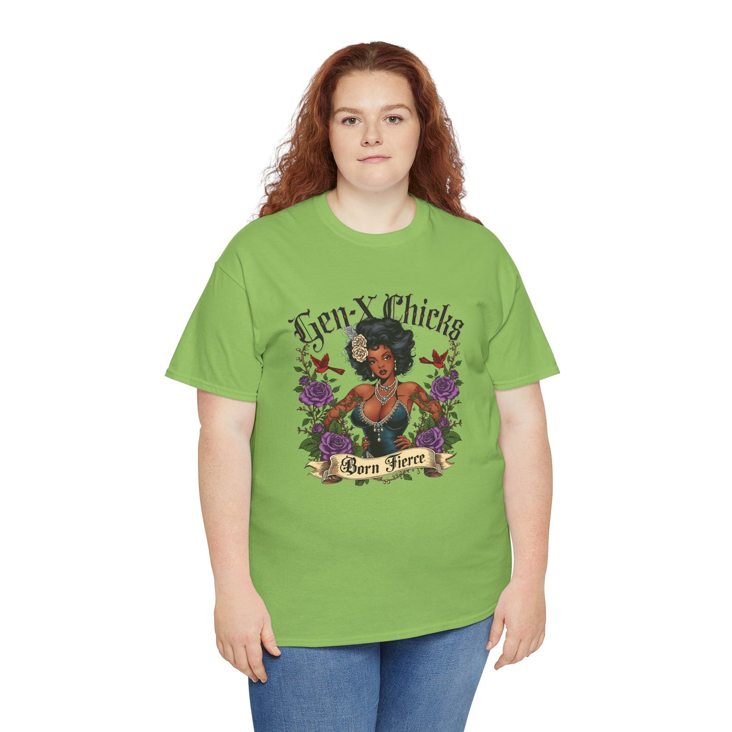 Gen X Chicks Born Fierce T-Shirt — Retro African American Rocker with Purple Flowers