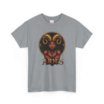 Aries Art Nouveau Tee — African American Woman with Ram Horns Zodiac Graphic