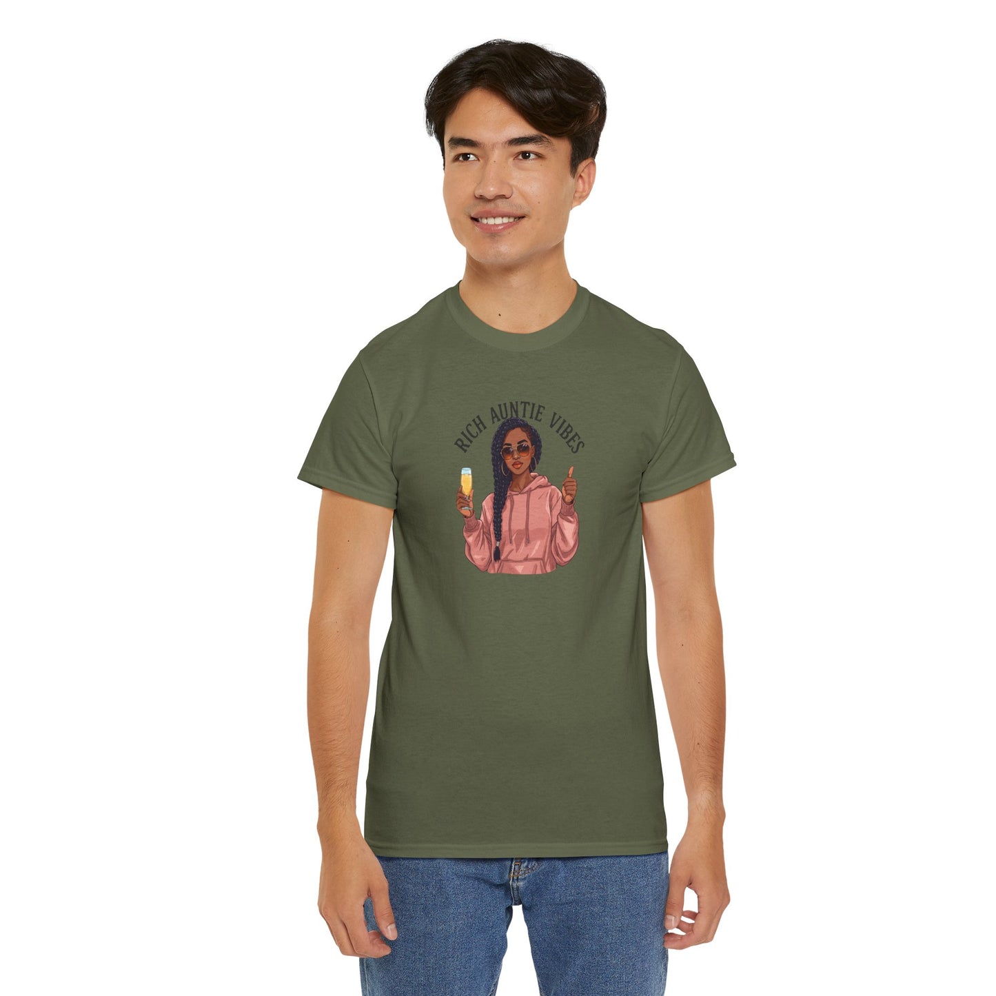 Rich Auntie Vibes T-Shirt — Black Woman Champagne Graphic