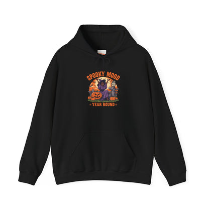 Spooky Mood Year-Round Witch Hoodie — Happy Black Witch with Pumpkins & Bats