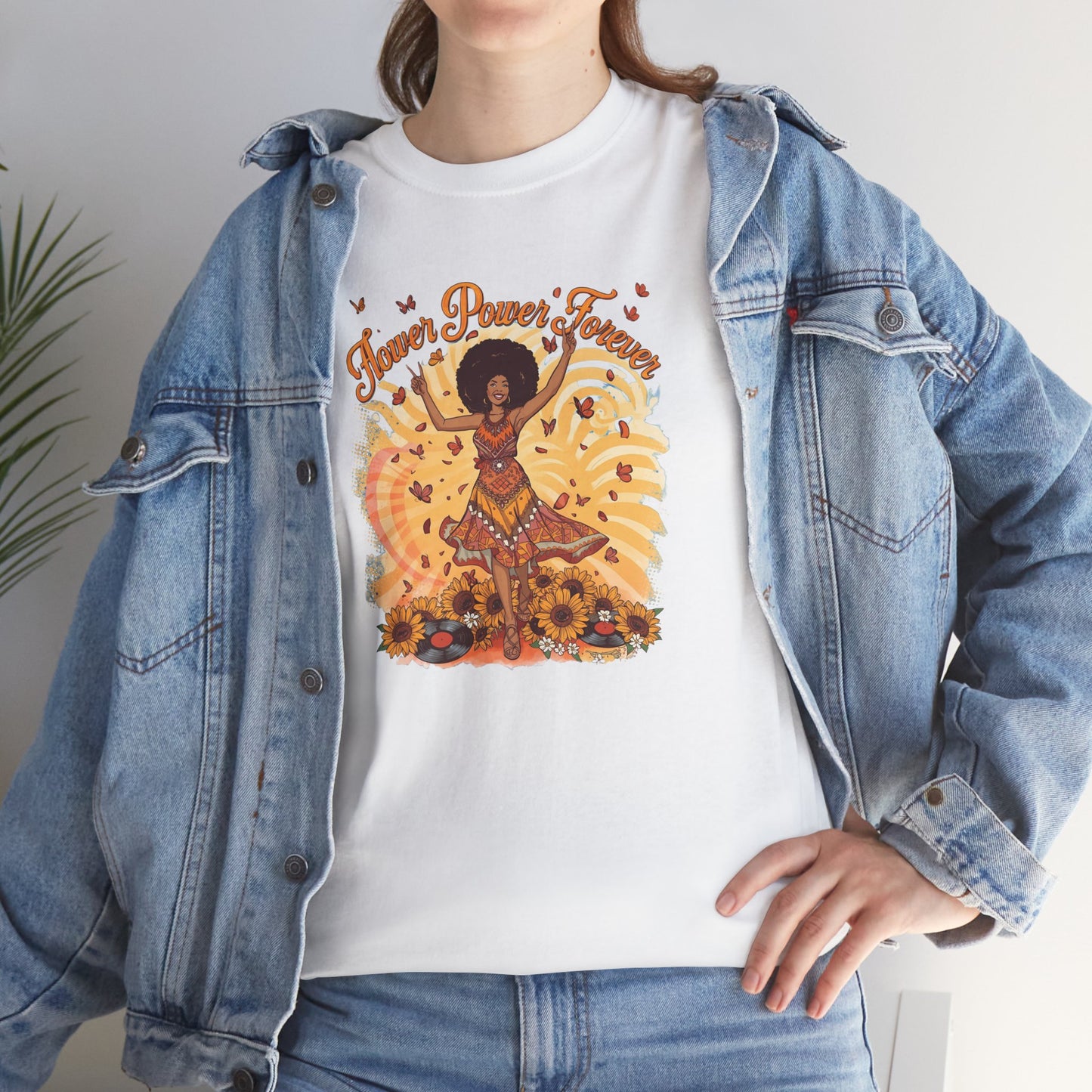 Flower Power Forever Tee — 70s Afro Vintage Floral & Vinyl Graphic T-Shirt