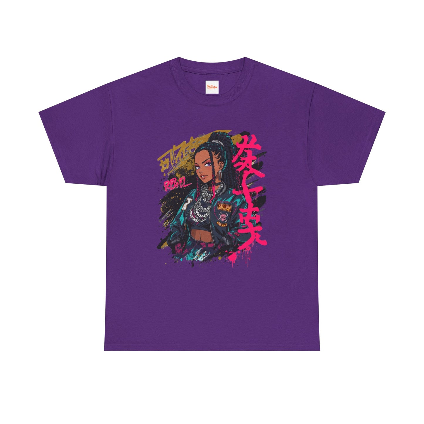 Rebel African American Anime Woman Graphic Tee — Graffiti & Asian Symbol Design