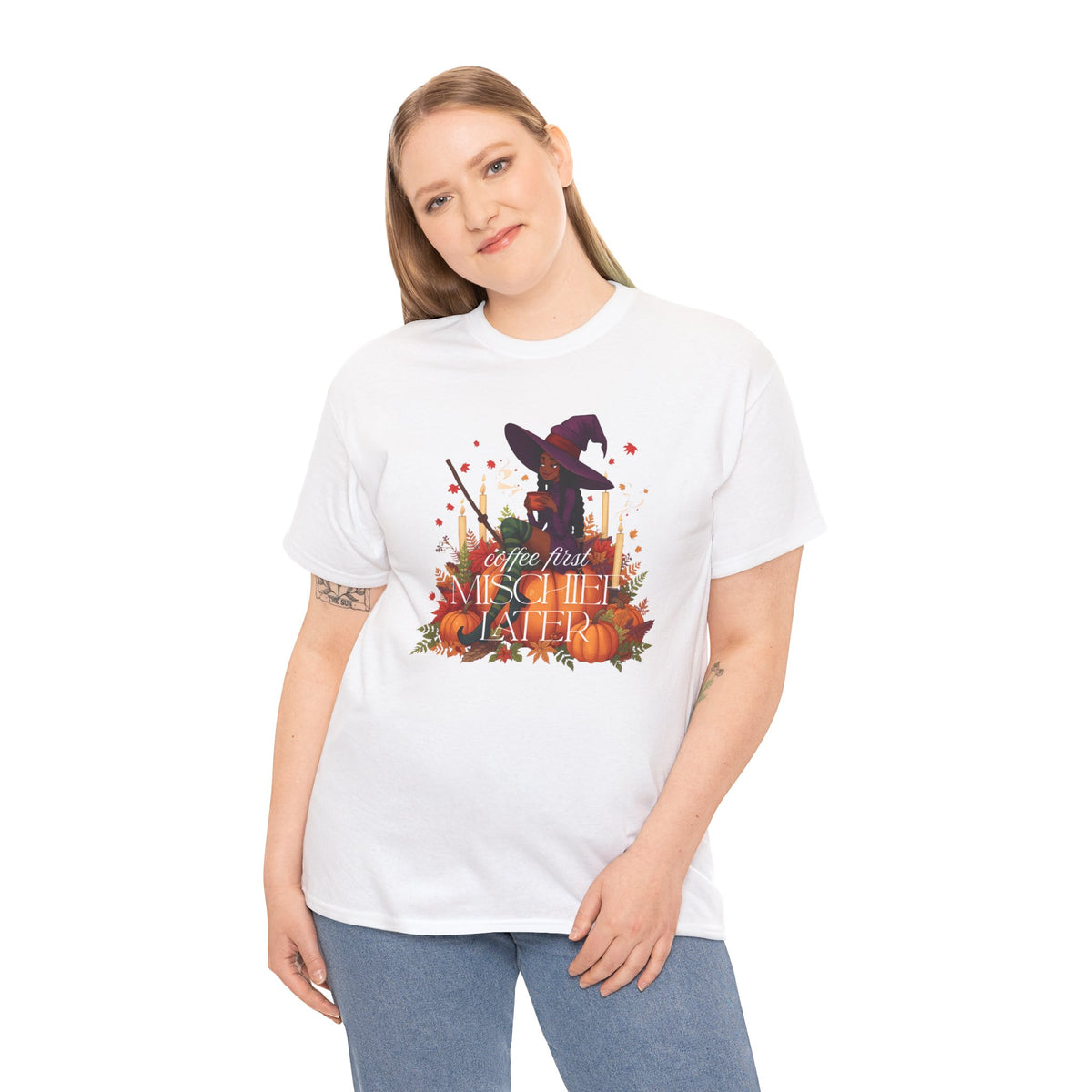 Witchy Pumpkin Patch Tee — "Coffee First, Mischief Later" Black Witch Latte Graphic