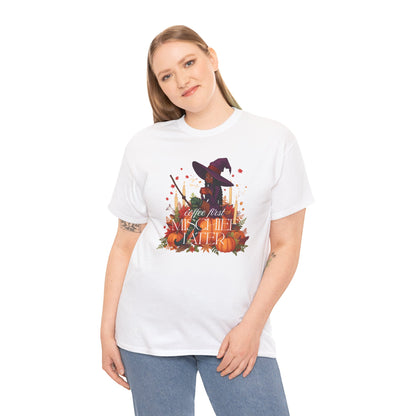Witchy Pumpkin Patch Tee — "Coffee First, Mischief Later" Black Witch Latte Graphic