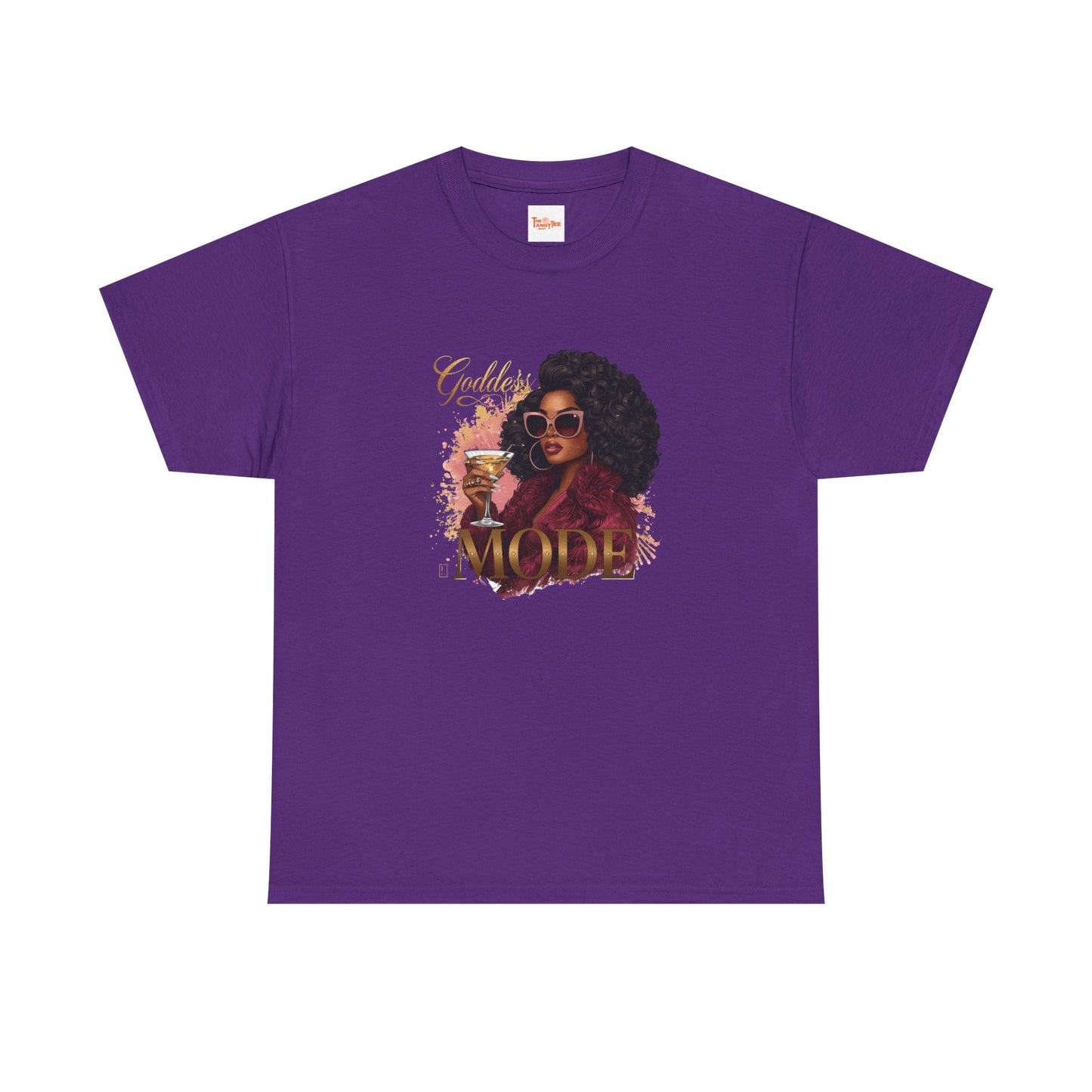 Goddess Vibes Tee — Black Woman in Burgundy Fur Holding Champagne