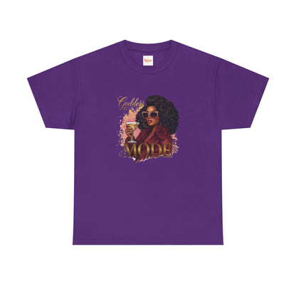 Goddess Vibes Tee — Black Woman in Burgundy Fur Holding Champagne
