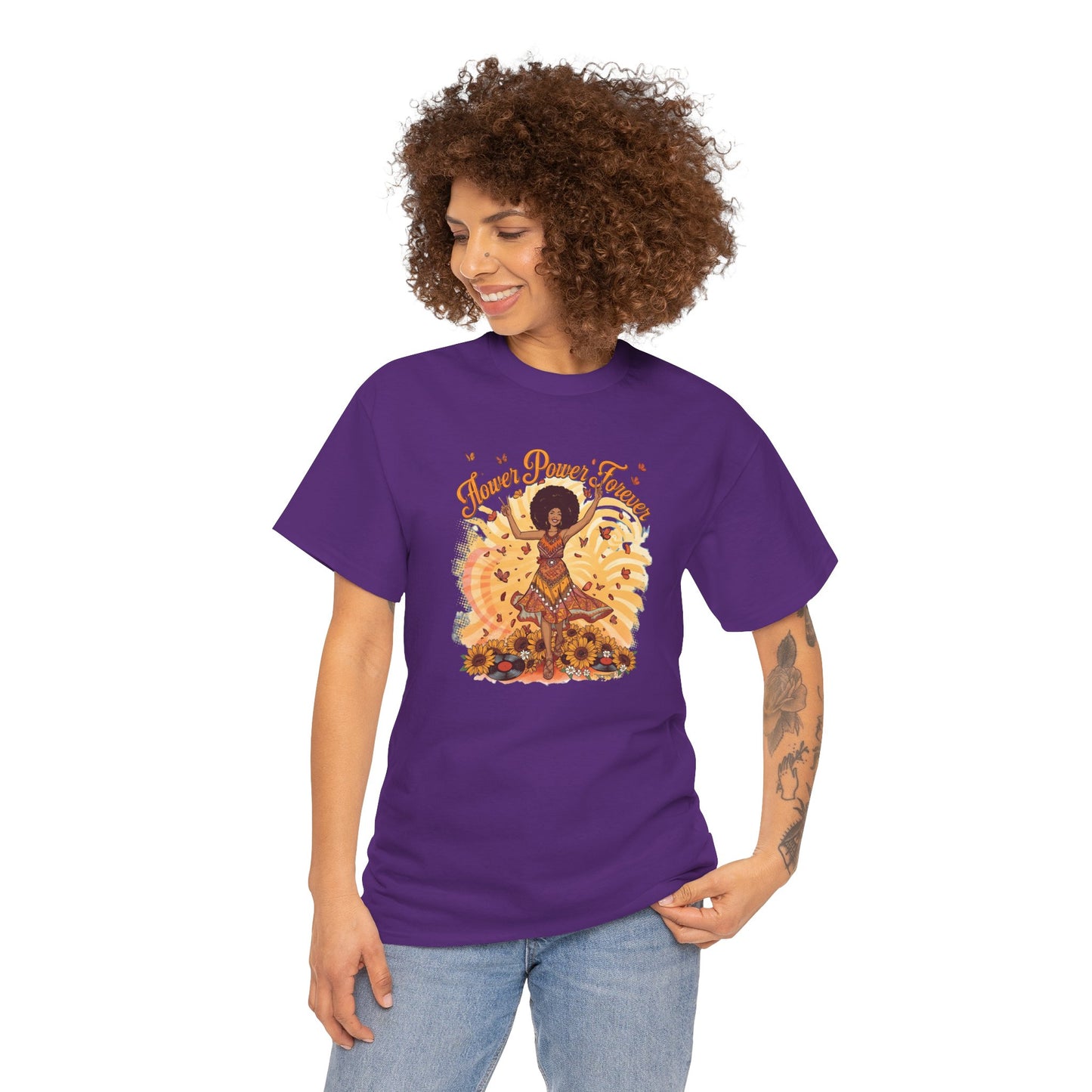 Flower Power Forever Tee — 70s Afro Vintage Floral & Vinyl Graphic T-Shirt