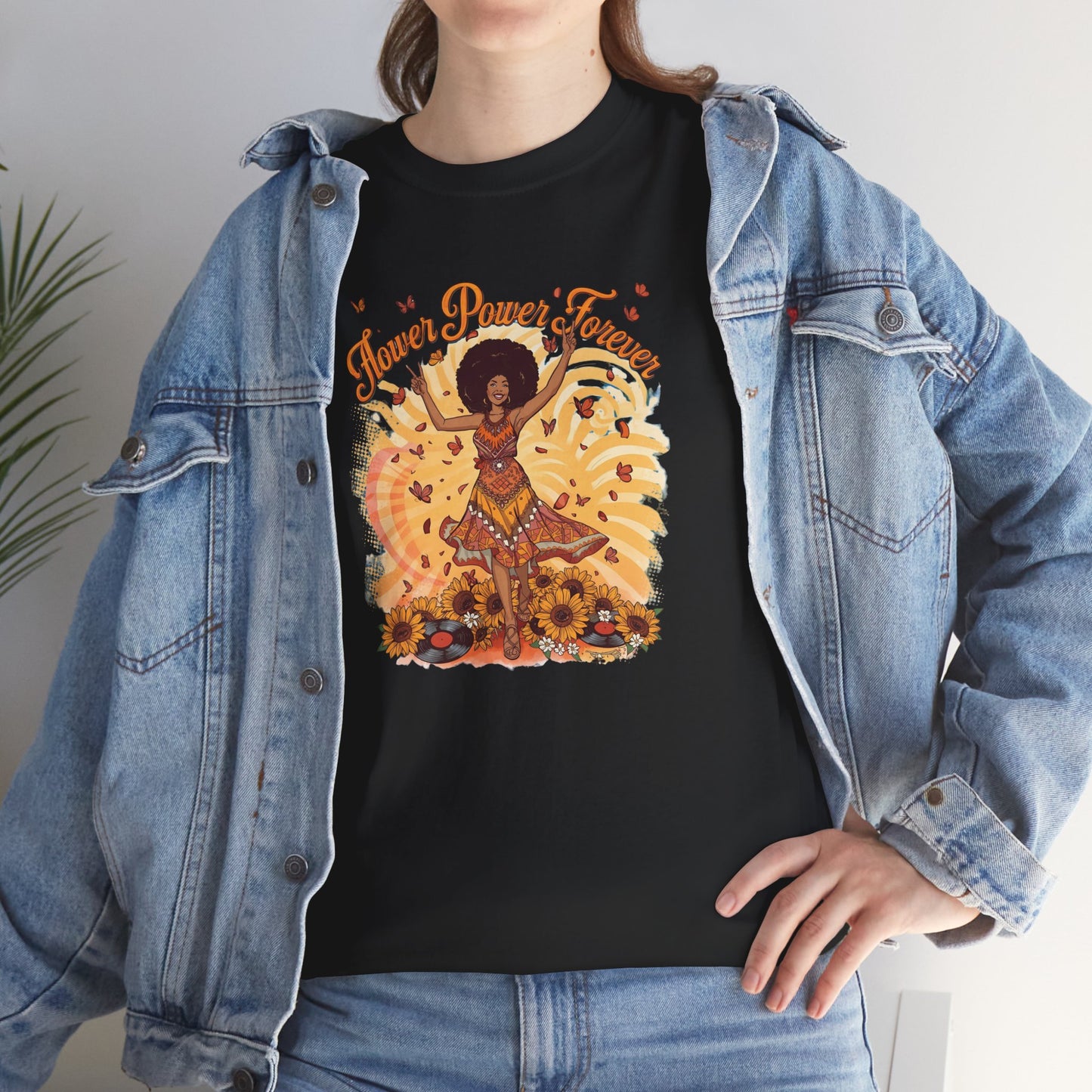 Flower Power Forever Tee — 70s Afro Vintage Floral & Vinyl Graphic T-Shirt