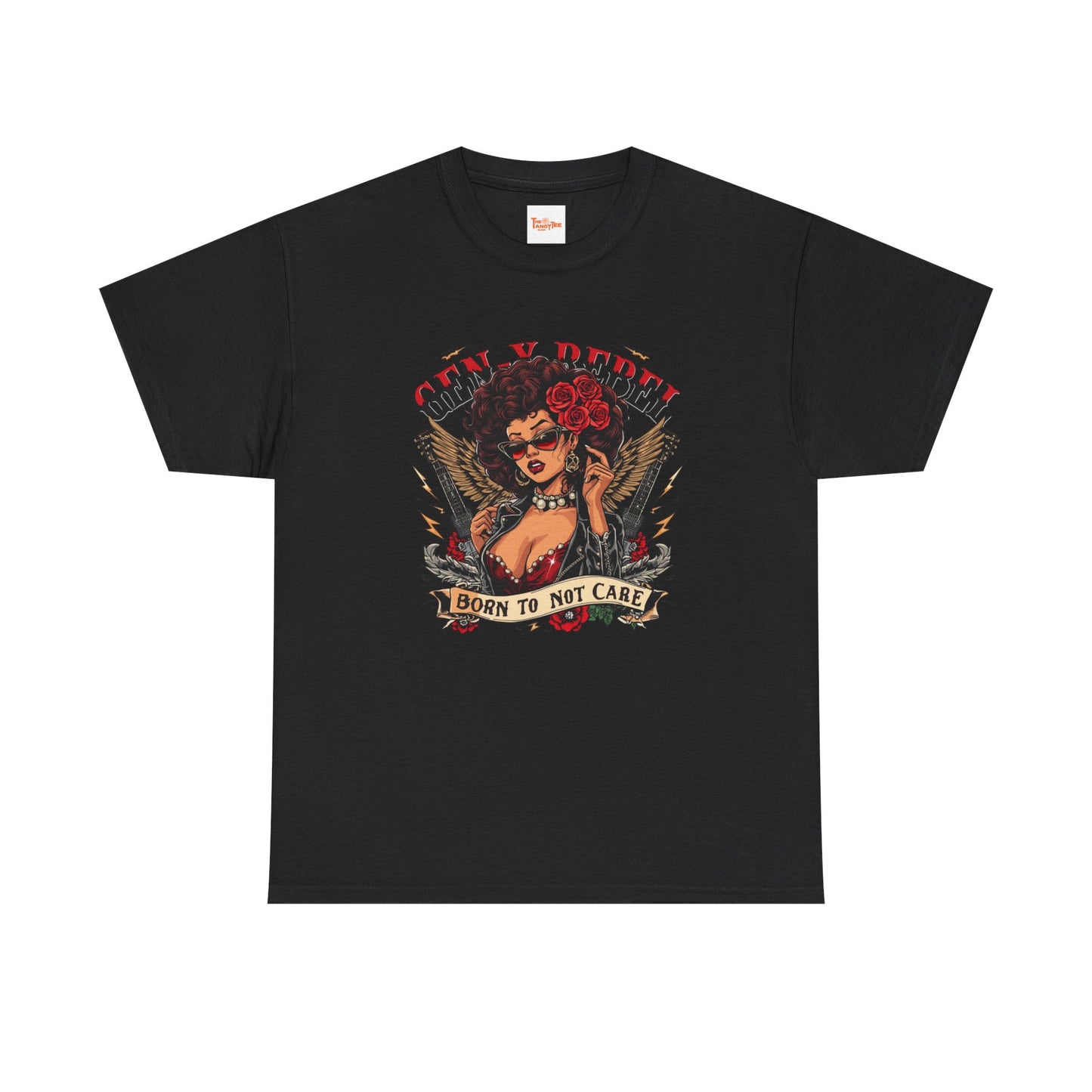 Gen X Rebel T-Shirt — African American Woman with Guitars & Roses Graphic