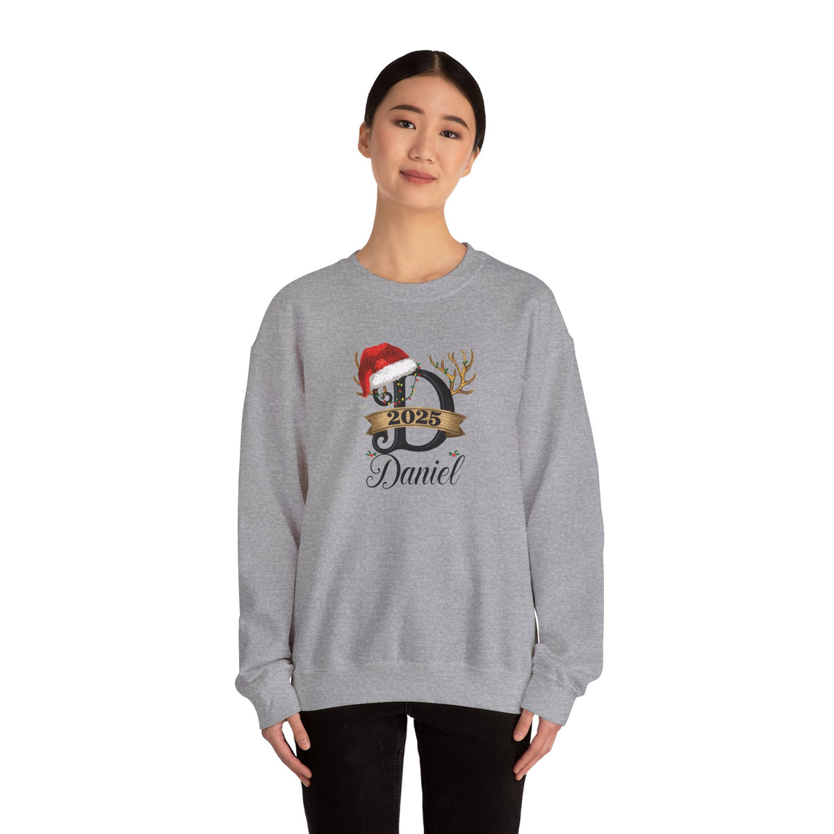 Personalized Christmas Monogram Sweatshirt — Antlers, Santa Hat & Lights