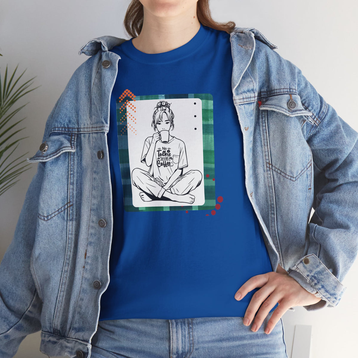 No Talkie Without Coffee T-Shirt — Woman Sitting with Coffee Graphic