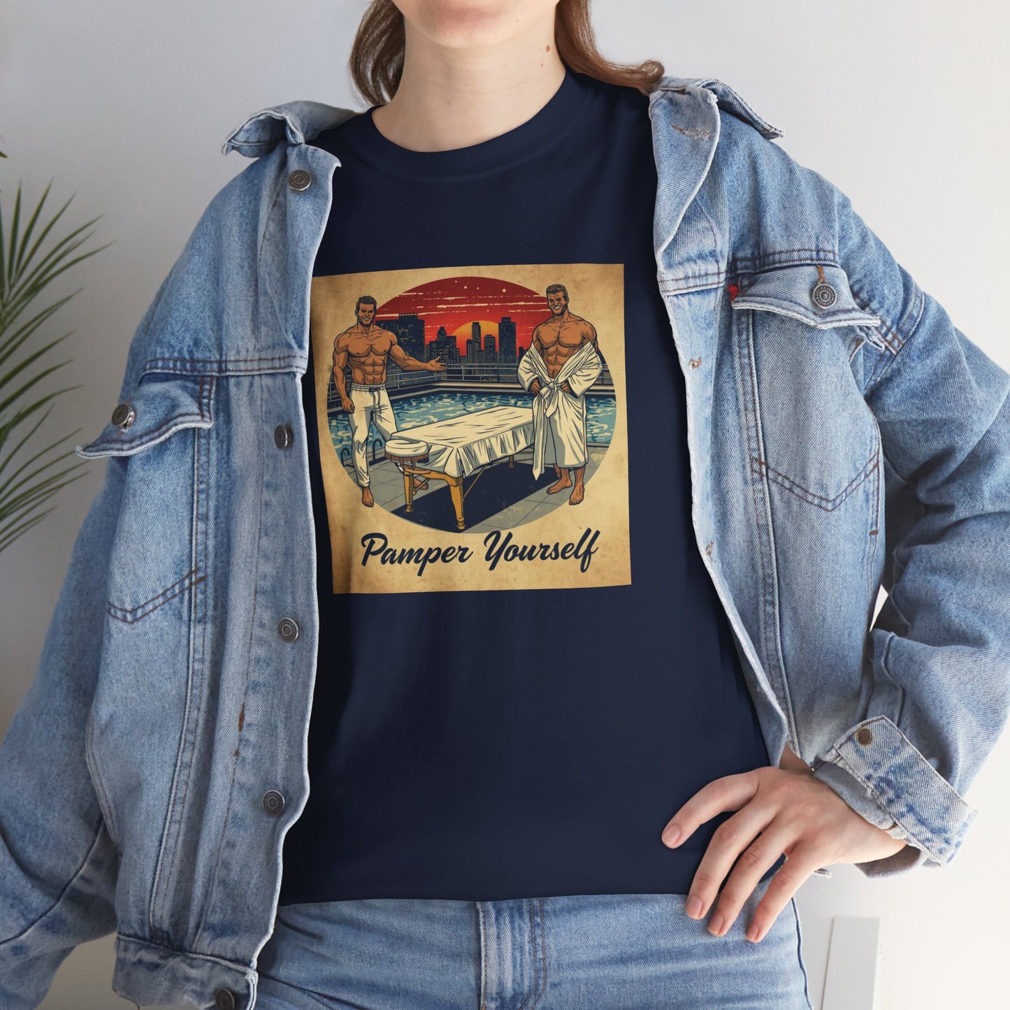 Pamper Yourself Rooftop Sunset Tee — Muscular Men Massage Graphic T-Shirt