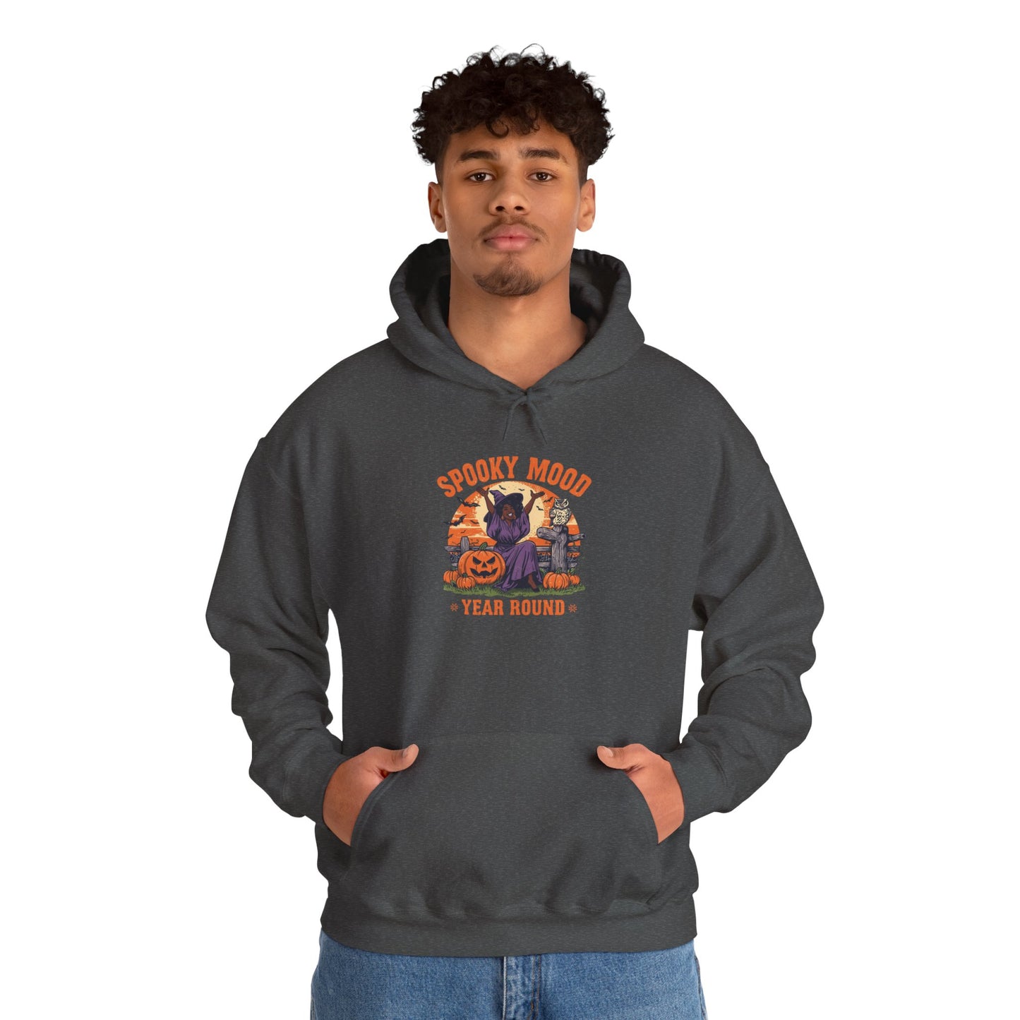 Spooky Mood Year-Round Witch Hoodie — Happy Black Witch with Pumpkins & Bats