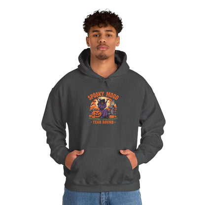 Spooky Mood Year-Round Witch Hoodie — Happy Black Witch with Pumpkins & Bats