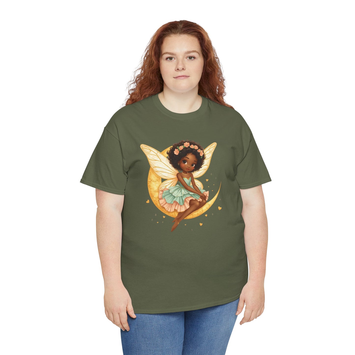 African American Fairy on Crescent Moon T-Shirt — Pink & Mint Fantasy Tee