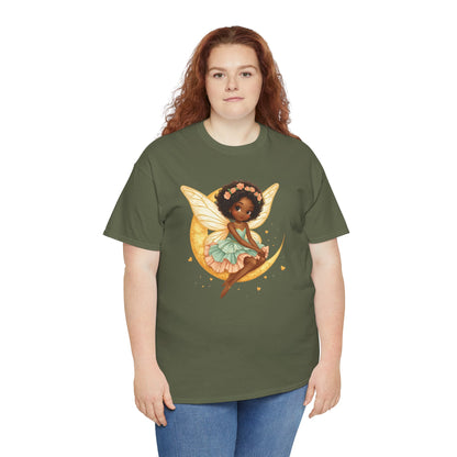 African American Fairy on Crescent Moon T-Shirt — Pink & Mint Fantasy Tee