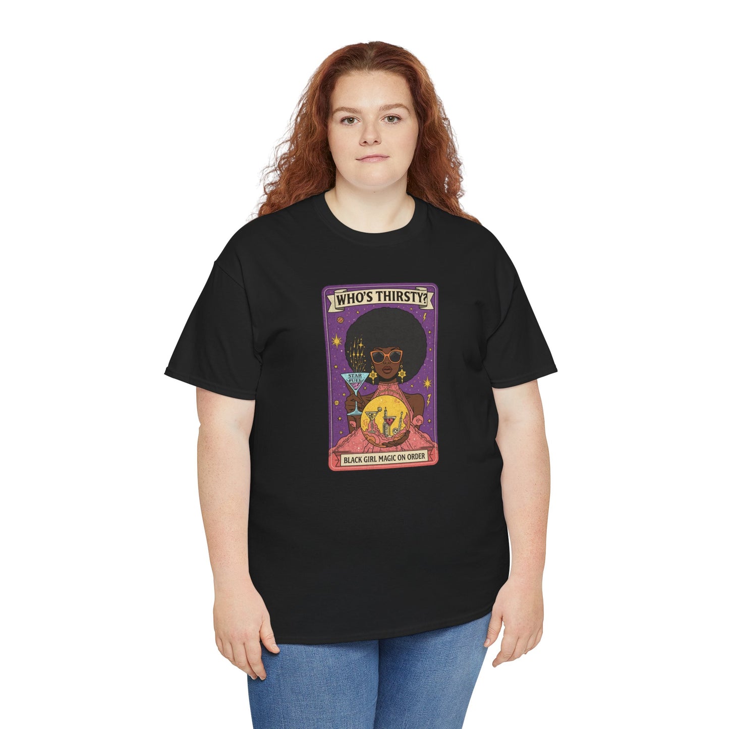 Tarot 'Who's Thirsty?' Graphic T‑Shirt — Retro Afro Witch Cocktail Design