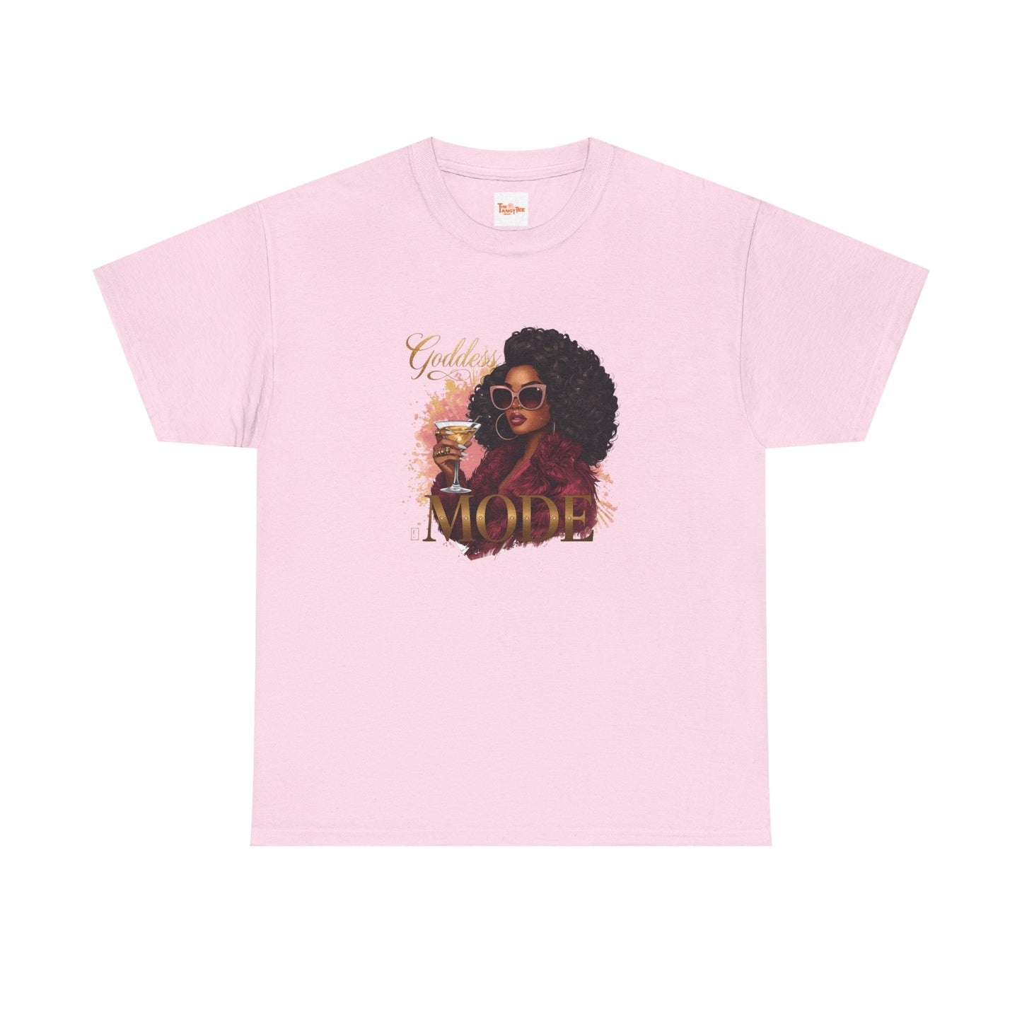 Goddess Vibes Tee — Black Woman in Burgundy Fur Holding Champagne