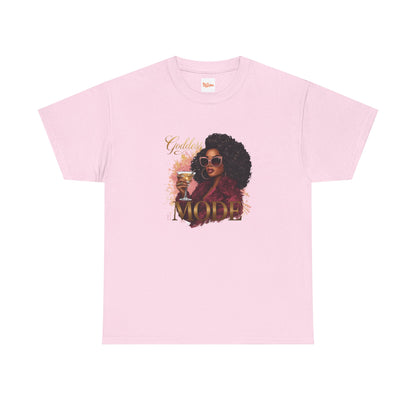 Goddess Vibes Tee — Black Woman in Burgundy Fur Holding Champagne