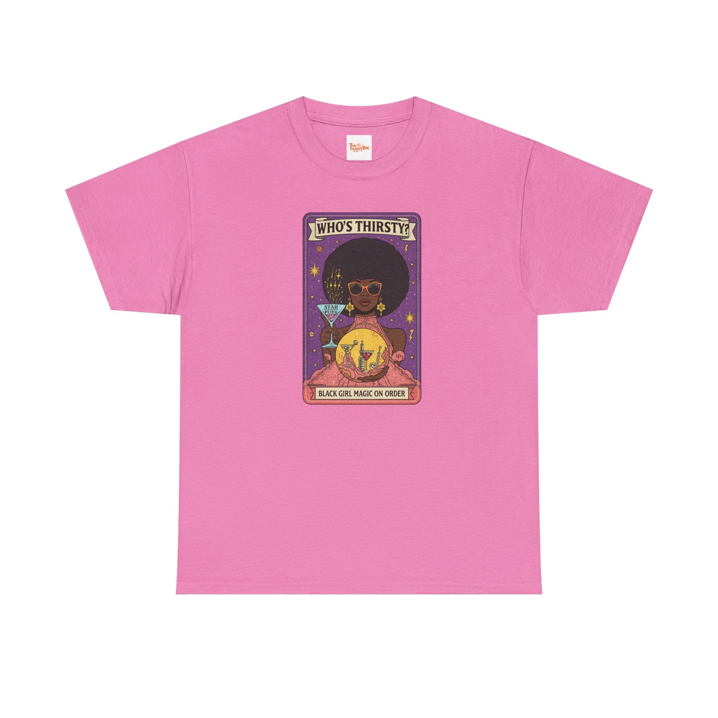Tarot 'Who's Thirsty?' Graphic T‑Shirt — Retro Afro Witch Cocktail Design
