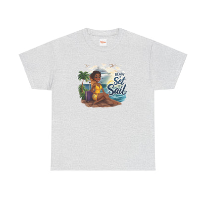 Ready to Set Sail T‑Shirt — Black Woman in Yellow Dress Pier & Cruise Ship Graphic