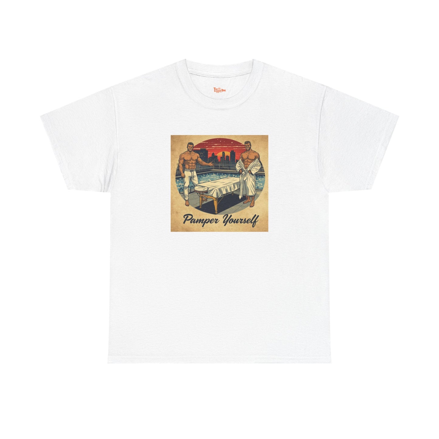 Pamper Yourself Rooftop Sunset Tee — Muscular Men Massage Graphic T-Shirt