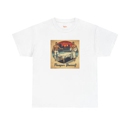 Pamper Yourself Rooftop Sunset Tee — Muscular Men Massage Graphic T-Shirt